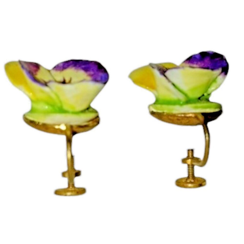 Vintage Made In England Marked Purple Pansy Earrings Screw Back Drop Bone China